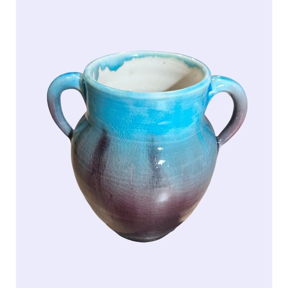 Vintage Pisgah Forest 2 handled Vase turquoise and maroon - Picture 2 of 12